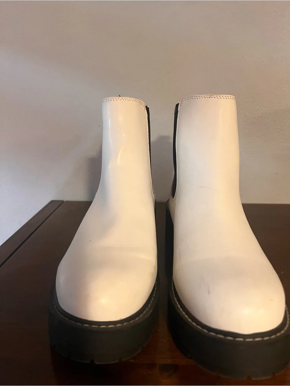 Madden Girl White Chelsea Lug Sole Ankle Boots with Black Elastic - White Pari